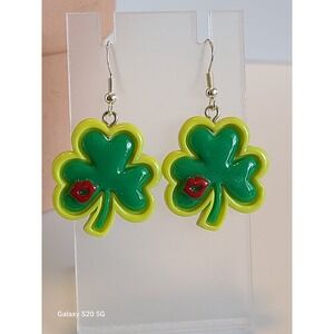 Green Shamrock Clover Dangle Earrings with Red Lips St Patricks Day Jewelry